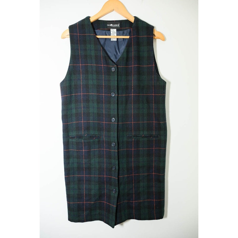Sag Harbor mini dress 6 Green Blue Plaid Vintage Wool Blend Longline Button